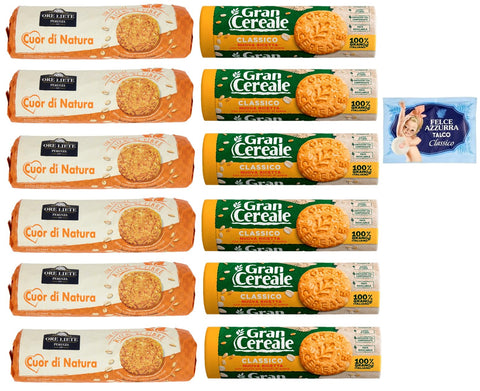 Felce Azzurra Kekse 12er-Pack Testpaket Biscotti Cereali Ore Liete Gran Cereale,Kekse mit Müsli,Verpackt in Tube 250g + 1er-Pack Kostenlos Felce Azzurra Talkumpuder, 100g-Beutel 8001280026102