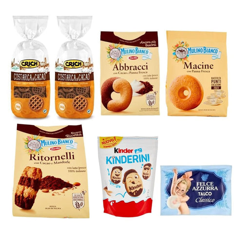 Felce Azzurra Kekse Felce Azzurra Pack Testpaket Mulino Bianco Ritornelli Macine Abbracci + Ferrero Kinderini + Crich Costarica Kekse Kakaokekse Biscuits + 1er Pack Kostenlos Felce Azzurra Talkumpuder, 100 g Beutel italienisch Original 8001280026102