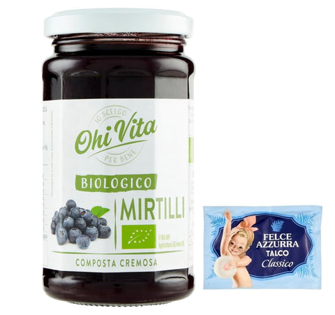 Felce Azzurra Konfitüren 12er-Pack Ohi Vita Marmelade Mirtilli,Cremiges Blaubeerkompott,Fruchtkompott,250g Glas + 1er-Pack Kostenlos Felce Azzurra Talkumpuder, 100g-Beutel 8001280026102