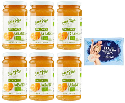 Felce Azzurra Konfitüren 6er-Pack Ohi Vita Marmelade Arance,Cremiges Orangenkompott,Fruchtkompott,250g Glas + 1er-Pack Kostenlos Felce Azzurra Talkumpuder, 100g-Beutel 8001280026102