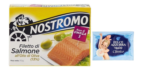 Felce azzurra 5er - Pack Nostromo Filetto di Salmone all'Olio di Oliva, Lachsfilets in Olivenöl, 110g + 1er - Pack Kostenlos Felce azzurra Talkumpuder, - Beutel 100g Original italienisch