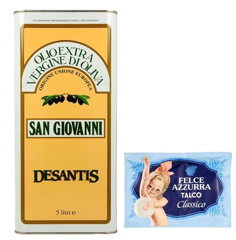 Felce Azzurra Oliven 1er-Pack De Santis San Giovanni Olio Extra Vergine di Oliva,Natives Olivenöl Extra,Ideal für alle Anwendungen in der Küche,5Lt Dose + 1er-Pack Kostenlos Felce Azzurra Talkumpuder, 100g-Beutel 8001280026102