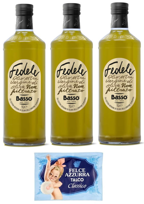 Felce Azzurra Oliven 3er-Pack Basso Fedele Ungefiltertes Natives Olivenöl Extra,Olio Extra Vergine di Oliva Non Filtrato,1Lt Glasflaschen + 1er-Pack Kostenlos Felce Azzurra Talkumpuder, 100g-Beutel 8001280026102