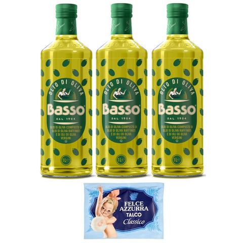 Basso Olivenöl,Olio di Oliva,super zum Braten,1Lt Glasflaschen 3er-Pack Original italienisch inkl. 1er-Pack Kostenlos Felce Azzurra Talkumpuder, 100g-Beutel
