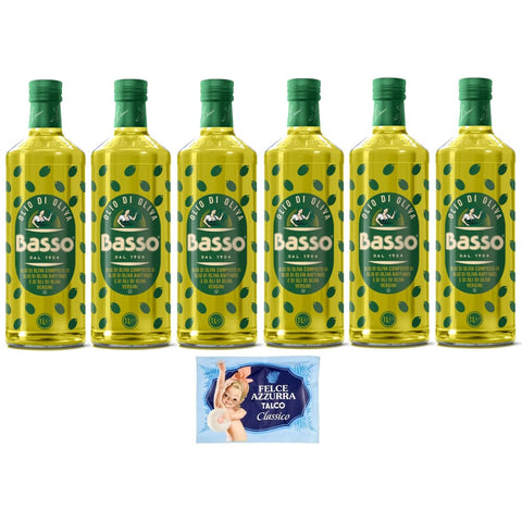 Felce Azzurra Oliven Felce Azzurra Pack Basso Olivenöl,Olio di Oliva,super zum Braten,1 Lt Glasflaschen + 1er Pack Kostenlos Felce Azzurra Talkumpuder, 100 g Beutel italienisch Original 8001280026102