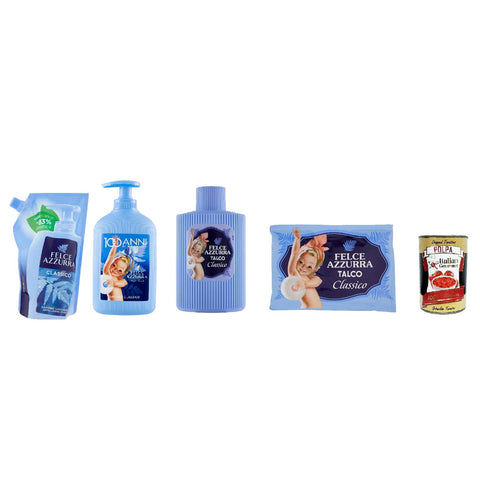 Felce Azzurra Flüssigseife 300 ml + Ecoricarica 500 ml - Talco Classico Körperpuder Talkpuder Talkum 200 g dose + Beutel 100 g Italian Gourmet polpa 400 g