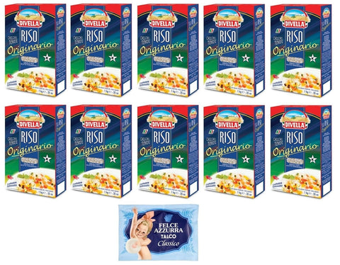 Felce Azzurra Reis 10er-Pack Divella Riso Originario,Runde Reiskörner, italienischer Reis, ideal für traditionelle Rezepte,1kg Vakuumverpackung + 1er-Pack Kostenlos Felce Azzurra Talkumpuder, 100g-Beutel 8001280026102