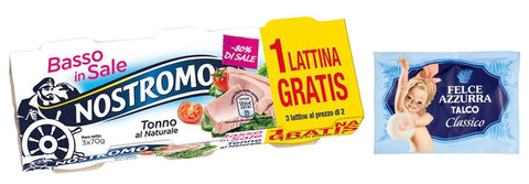 Felce Azzurra Salz & Salzersatz 10er-Pack Nostromo Thunfisch Tonno al Naturale Basso in Sale,Natürlicher Thunfisch,Salzarm,3x70g Dose + 1er-Pack Kostenlos Felce Azzurra Talkumpuder, 100g-Beutel 8001280026102