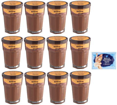 Felce Azzurra Schokoladenaufstrich 12er-Pack Nutkao Crema Cacao con Nocciole,Streichfähige Creme Kakao mit Haselnüssen,Italienische Creme, 330g-Glas + 1er-Pack Kostenlos Felce Azzurra Talkumpuder, 100g-Beutel 8001280026102