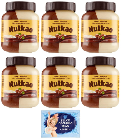 Felce Azzurra Pack Nutkao Crema Bicolore Cacao,Nocciole e Vaniglia,Streichfähige Creme Kakao mit Haselnüssen und Vanille, 400 g Glas + 1er Pack Kostenlos Felce Azzurra Talkumpuder, 100 g Beutel italienisch Original
