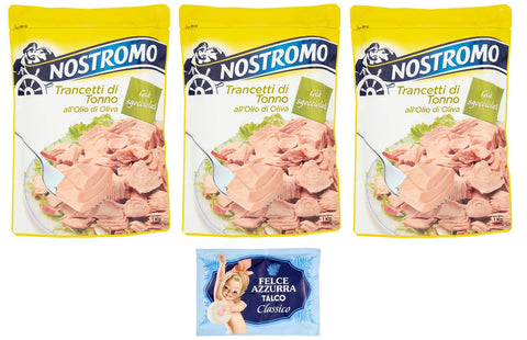 Nostromo Trancetti di Tonno all'olio di oliva,Thunfischsteaks in Olivenöl,1Kg Beutel 3er-Pack Original italienisch inkl. 1er-Pack Kostenlos Felce Azzurra Talkumpuder, 100g-Beutel