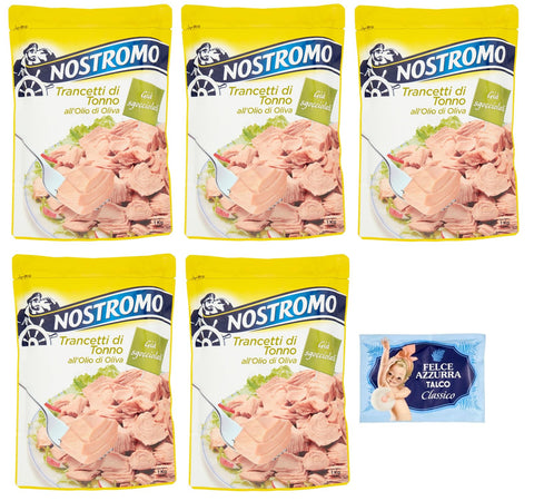Felce azzurra 5er - Pack Nostromo Trancetti di Tonno all'olio di oliva, Thunfischsteaks in Olivenöl, 1Kg Beutel + 1er - Pack Kostenlos Felce azzurra Talkumpuder, - Beutel 100g Original italienisch