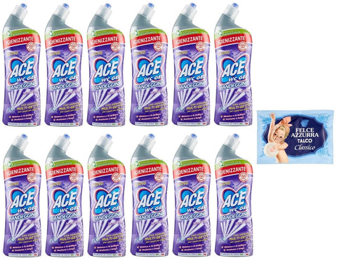 Felce Azzurra WC-Reiniger 12er-Pack ACE Wc Gel con Candeggina Lavanda,Toilettenreiniger mit Bleichmittel,Lavendelduft,700ml + 1er-Pack Kostenlos FELCE AZZURRA Talkumpuder, 100g-Beutel 8001280026102