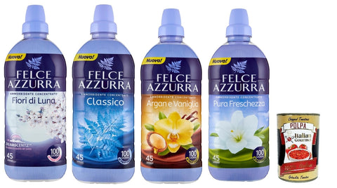 Felce azzurra Weichspüler Felce Azzurra Ammorbidente Testpaket, Classico, ambra ed argan, Fiori Di Luna, pura freschezza, Weichspüler Konzentrat Duftende, 45 Washes, 3x 900Ml + Italian Gourmet polpa 400g 8001280034152