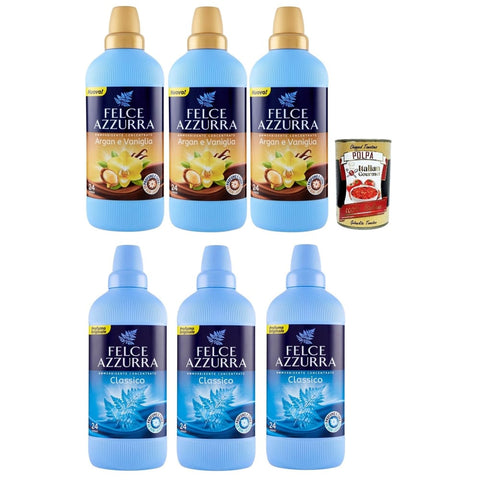 Felce azzurra Weichspüler Felce azzurra Weichspülerkonzentrat Testpaket Classico und Argan und Vanille, sinnlicher Duft 24 Waschgänge 6x 900ml Original italienisch inkl. Italian Gourmet Polpa 400g 8001280034107