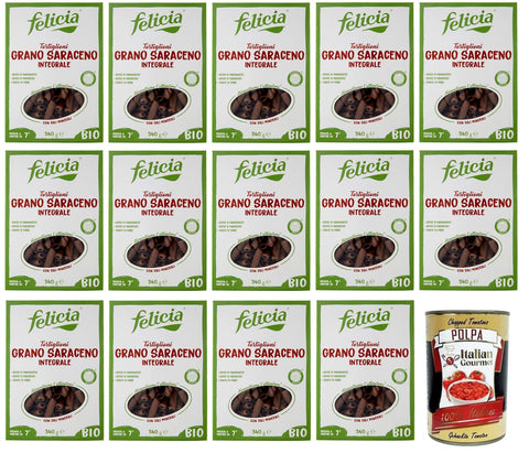 Felicia Kurze Pasta 14x Felicia Tortiglioni di Grano Saraceno Integrale,Pasta mit 100% Bio-Buchweizen,Bio und Natürlich Glutenfrei,Packung mit 340g + Italian Gourmet Polpa di Pomodoro 400g Dose 8032804433069