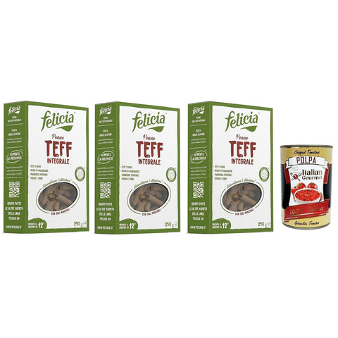 Felicia Penne di Teff Integrale Pasta mit 100% Vollkorn Teff Authentischer Geschmack der äthiopischen Küche Packung mit 250 g 3x italienisch Original + kostenlos