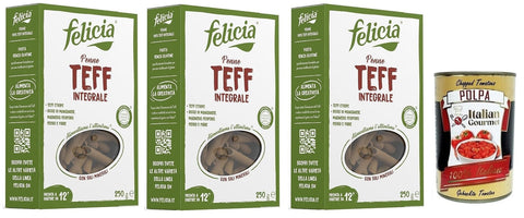 Felicia Kurze Pasta 3x Felicia Penne di Teff Integrale,Pasta mit 100% Vollkorn Teff,Authentischer Geschmack der äthiopischen Küche,Packung mit 250g + Italian Gourmet Polpa di Pomodoro 400g Dose 8032804431409