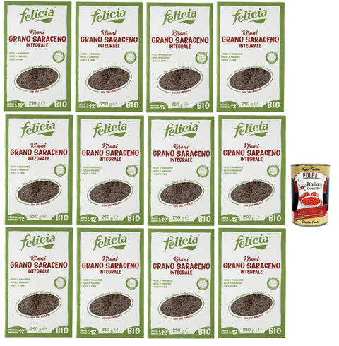 Felicia Kurze Pasta Felicia, Pasta Risoni di Grano Saraceno Integrale, Vollkornnudel, reiche Quelle für Ballaststoffe und Mineralsalze, Magnesium und Mangan, Veganer, 12x 250 g + Italian Gourmet polpa 400g 0