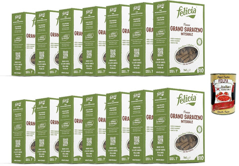 Felicia Längliche Pasta Felicia, Penne Rigate di Grano Saraceno, Pasta, ganzer Buchweizen, reich an Magnesium, reich an Mangan, Faser, Gluten -frei, vegan, entschlossener Geschmack,14x 340g + Italian Gourmet polpa 400g 8032804432000