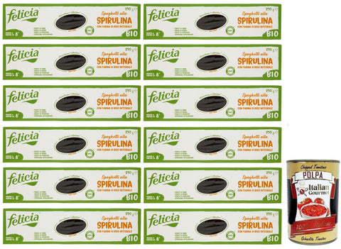 Felicia Nudeln & Pasta 12x Felicia Spaghetti alla Spirulina,Nudeln mit Braunem Reismehl,Pasta mit Bio-Apulia-Kundi-Spirulina,Glutenfrei,Packung mit 250g + Italian Gourmet Polpa di Pomodoro 400g Dose 8032804431454