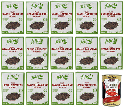 Felicia Nudeln & Pasta 14x Felicia Fusilli di Grano Saraceno Integrale,Pasta mit 100% Bio-Buchweizen,Bio und Natürlich Glutenfrei,Packung mit 340g + Italian Gourmet Polpa di Pomodoro 400g Dose 8032804432017