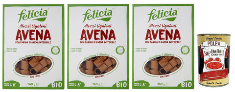 Felicia Nudeln & Pasta 3x Felicia Mezzi Rigatoni Avena,Pasta con Farina di Avena integrale,Nudeln mit Vollkorn-Haferflocken,Bio und Natürlich Glutenfrei,Packung mit 340g + Italian Gourmet Polpa di Pomodoro 400g Dose 8032804430976