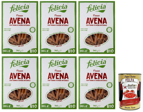 Felicia Nudeln & Pasta 6x Felicia Penne Avena,Pasta con Farina di Avena integrale,Nudeln mit Vollkorn-Haferflocken,Bio und Natürlich Glutenfrei,Packung mit 340g + Italian Gourmet Polpa di Pomodoro 400g Dose 8032804430914