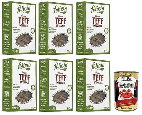 Felicia Nudeln & Pasta 6x Felicia Penne di Teff Integrale,Pasta mit 100% Vollkorn Teff,Authentischer Geschmack der äthiopischen Küche,Packung mit 250g + Italian Gourmet Polpa di Pomodoro 400g Dose 8032804431409