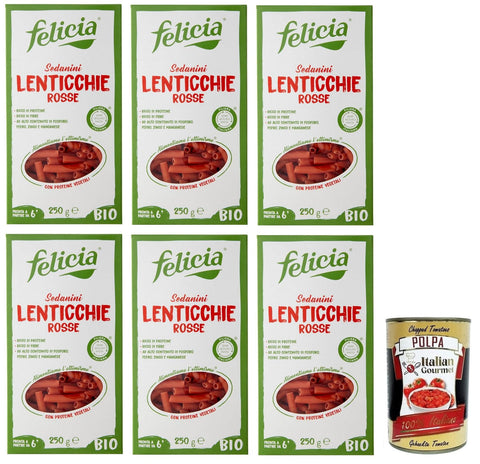 Felicia Nudeln & Pasta 6x Felicia Sedanini di Lenticchie Rosse,Pasta mit 100% Roten Linsen aus der Italienischen Lieferkette,Bio und Natürlich Glutenfrei,Packung mit 250g + Italian Gourmet Polpa di Pomodoro 400g Dose 8032804430471