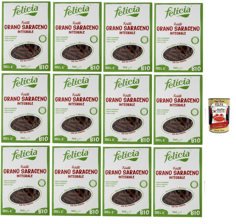 Felicia Nudeln & Pasta Felicia Fusilli di Grano Saraceno Integrale,Pasta mit 100% Buchweizen, Natürlich Glutenfrei,Packung mit 12x 340g + Italian Gourmet Polpa di Pomodoro 400g Dose 8032804432017