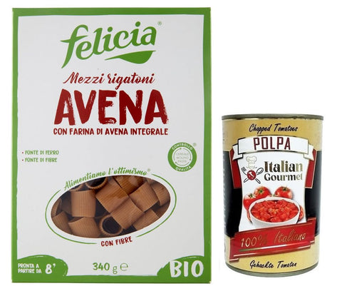 Felicia Nudeln & Pasta Felicia Mezzi Rigatoni Avena,Pasta con Farina di Avena integrale,Nudeln mit Vollkorn-Haferflocken,Bio und Natürlich Glutenfrei,Packung mit 340g + Italian Gourmet Polpa di Pomodoro 400g Dose 8032804430976