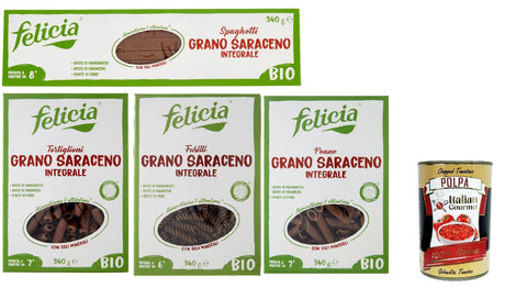 Felicia Nudeln & Pasta Felicia Pasta Testpaket Saraceno Integrale, Pasta mit 100% Buchweizen, Natürlich Glutenfrei,Packung mit 4x 340g + Italian Gourmet Polpa di Pomodoro 400g Dose 8032804432000