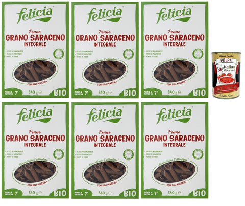 Felicia Nudeln & Pasta Felicia Penne di Grano Saraceno Integrale,Pasta mit 100% Buchweizen, Natürlich Glutenfrei,Packung mit 6x 340g + Italian Gourmet Polpa di Pomodoro 400g Dose 8032804432000