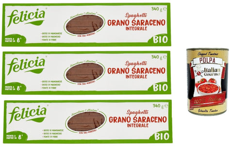 Felicia Nudeln & Pasta Felicia Spaghetti di Grano Saraceno Integrale,Pasta mit 100% Buchweizen, Natürlich Glutenfrei,Packung mit 3x 340g + Italian Gourmet Polpa di Pomodoro 400g Dose 8032804431683