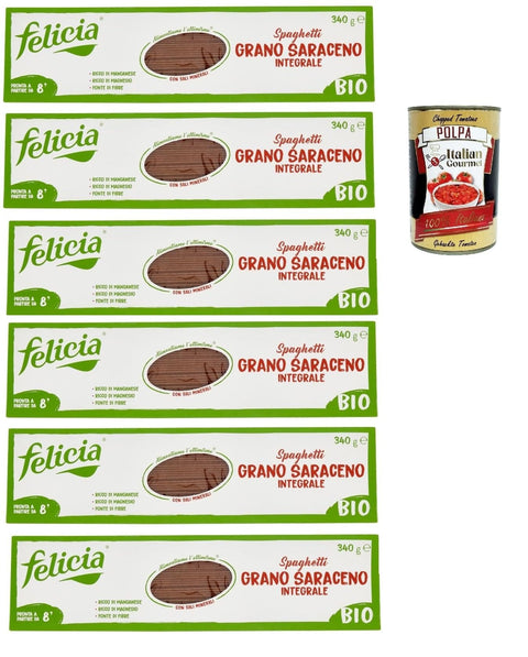 Felicia Nudeln & Pasta Felicia Spaghetti di Grano Saraceno Integrale,Pasta mit 100% Buchweizen, Natürlich Glutenfrei,Packung mit 6x 340g + Italian Gourmet Polpa di Pomodoro 400g Dose 8032804431683