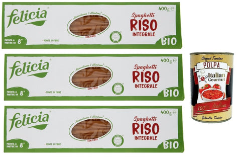 Felicia Nudeln & Pasta Felicia Spaghetti di Riso Integrale, Pasta mit 100 % braunem Reis aus der italienischen Lieferkette, Natürlich Glutenfrei, Packung mit 3x 400g + Italian Gourmet Polpa di Pomodoro 400g Dose 8032804431690