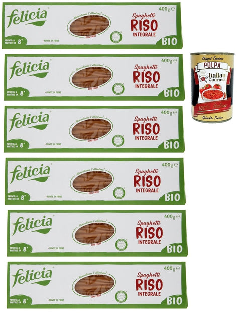 Felicia Nudeln & Pasta Felicia Spaghetti di Riso Integrale, Pasta mit 100 % braunem Reis aus der italienischen Lieferkette, Natürlich Glutenfrei, Packung mit 6x 400g + Italian Gourmet Polpa di Pomodoro 400g Dose 8032804431690