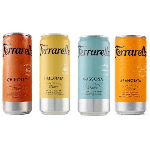 Ferrarelle Cola & Limonade Ferrarelle Testpaket Orangenlimonade, Zitronenlimonade, Soda, Chinotto in natürlichem Mineralwasser mit Kohlensäure, 48 x 330 ml. Original italienisches Getränk. 8006290805433