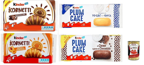 Ferrero Testpaket Kinder neu Kuchen Kornetti Kako und Apikose Plum cake kakao and Yougurt italienisch Original