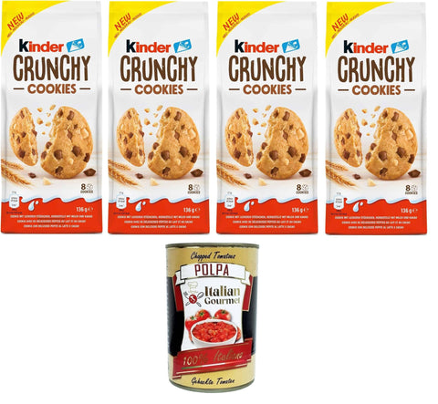 Ferrero Kinder Crunchy Knusprige Kekse mit Milch und Kakaonuggets 4x136 g italienisch Original + gratis polpa 400 g