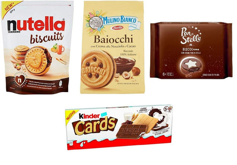 Ferrero Kekse TESTPAKET Biscotti Farciti Mulino Bianco Ferrero Pan di Stelle gefüllte Kekse Nutella Biscuits - Baiocchi - Biscocrema - Kinder Cards 4 Stück biscuits cookies 8000500310427