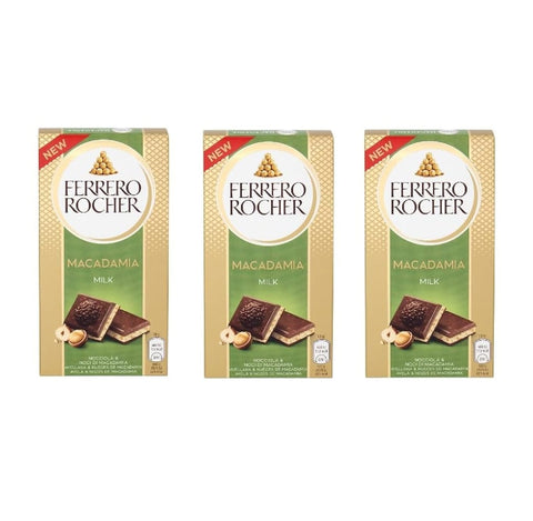 Ferrero Riegel 3x Ferrero Rocher Macadamia Milk Nocciola & Noci di Macadama 90g, Milchschokolade mit Haselnüssen und Macadamianüssen SONDERANGEBOT 8000500447833