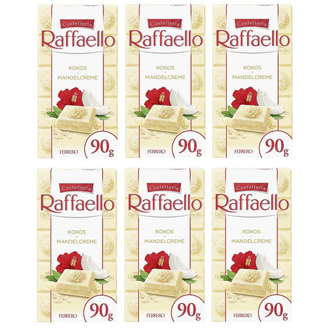 Ferrero Raffaello Crema di Mandorle e Cocco Gefüllte Weiße Schokolade mit Mandelcreme und Kokos Riegel 6x 90g Original italienisch