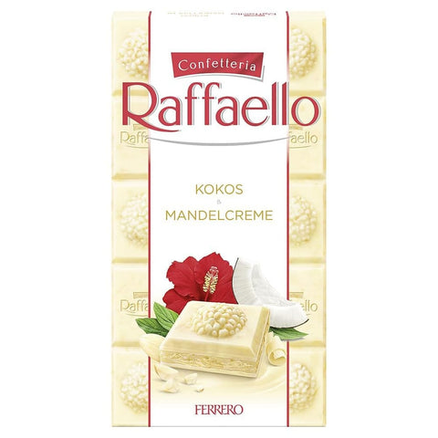 Ferrero Schokolade Ferrero Raffaello Crema di Mandorle e Cocco Gefüllte Weiße Schokolade mit Mandelcreme und Kokos 90 g Riegel italienisch Original 8000500359556