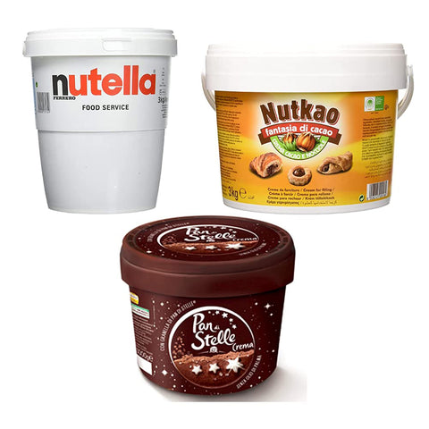Ferrero 3 kg Jumbo Becher Italian Ferrero Nutella Nougatcreme Brotaufstrich Nougatcreme Ferrero Original italienisch inkl. Nutkao Kakao und Haselnuss Schokolade 3Kg + Mulino Bianco Pan di stelle 3Kg