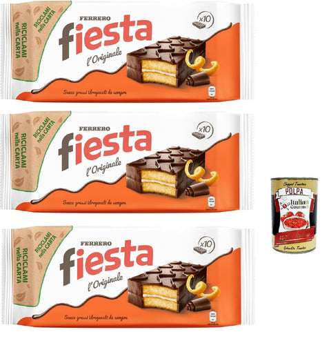 Ferrero Snack Kuchen Fiesta, 10 Snacks Schwammkuchen mit Schokolade, zartem orangefarbenem Geschmack, ausgezeichnet für Frühstück und Snack, 3x 360g + Italian Gourmet polpa 400g 8000500248744