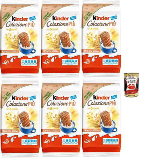 Ferrero Snack Kuchen Kinder Colazione Più, 10 Snacks aus Vollkorn -Schwammkuchen mit 5 Getreide, mit Malz und Kakaofüllung, ausgezeichnet zum Frühstück und Snack, 6x 290 + Italian Gourmet polpa 400g 8000500283219