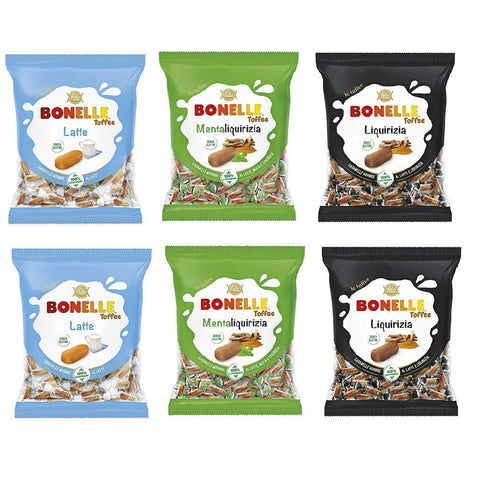 Fida Testpaket Fida Bonelle Toffee Bonbons Liquirizia Latte MentaLiquirizia Gluten frei geeignet für Vegetarier weiche 6 x 150g italienisch Original