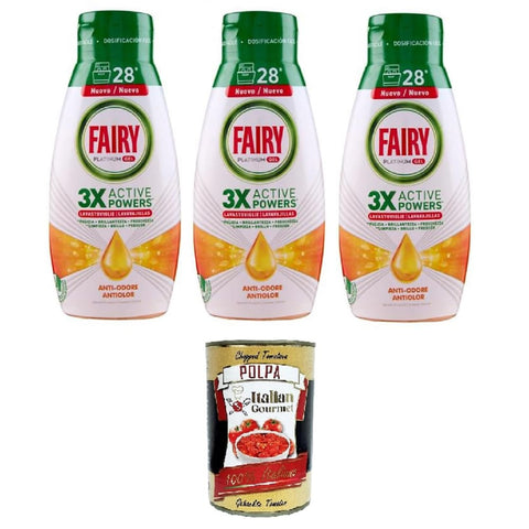 Finish Spülmaschinen-Reinigungsmittel Finish Fairy Anti-Geruch-Platin-Geschirrspülgel, Geschirrspülmittel mit frischen Zitrusfrüchten, 28 Waschgänge, 3x 504 ml Original italienisch inkl. Italian Gourmet Polpa 400g 8700216412193